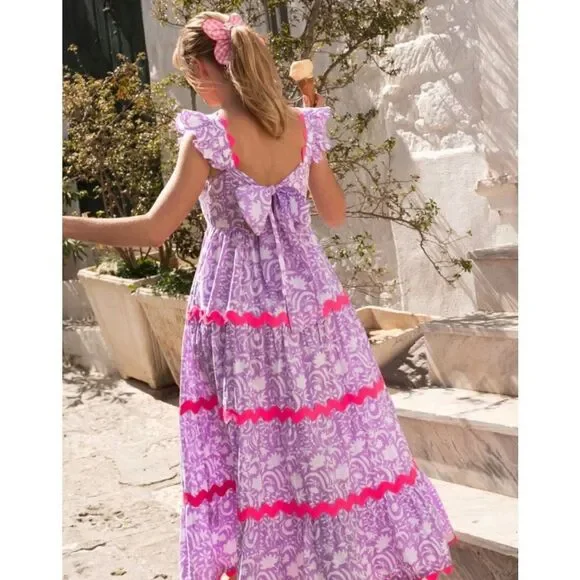 Pink City Prints Xanthe Dress Medium NWT Lilac Begonia Print Ruffle Rickrack - Picture 2 of 10